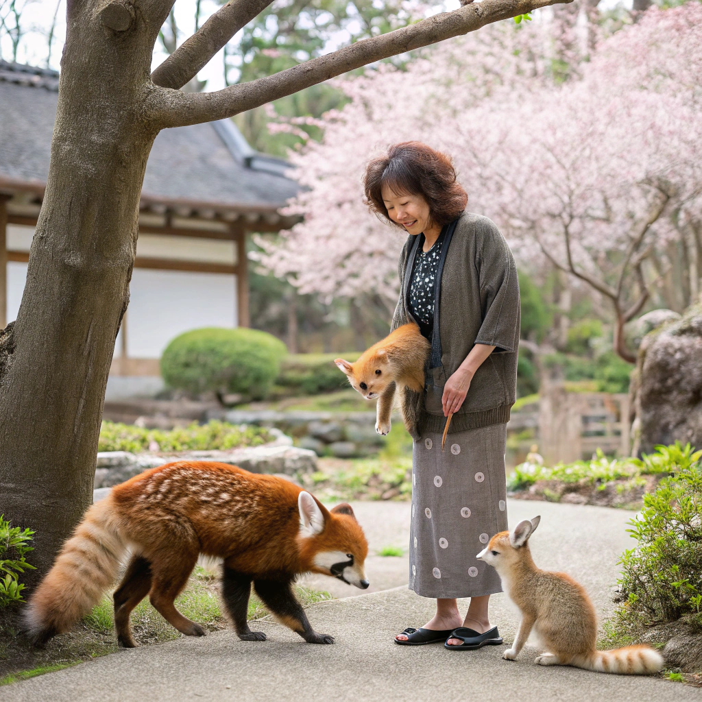 AI generated image by Red Panda AI: Красная панда, фенек или олененок вокруг девушки-тайки с волнистым каре 