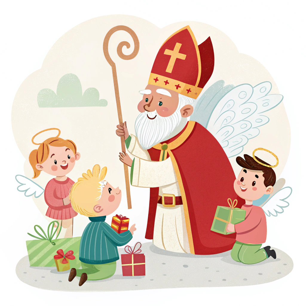 AI generated image by Red Panda AI: Czech saint nicholas  with his typical ehad and staff and his entrouge of devils and angels giving gifts to little kids. The atmosphere should be very warm and welcoming. No black kids and have an angel in the picture 