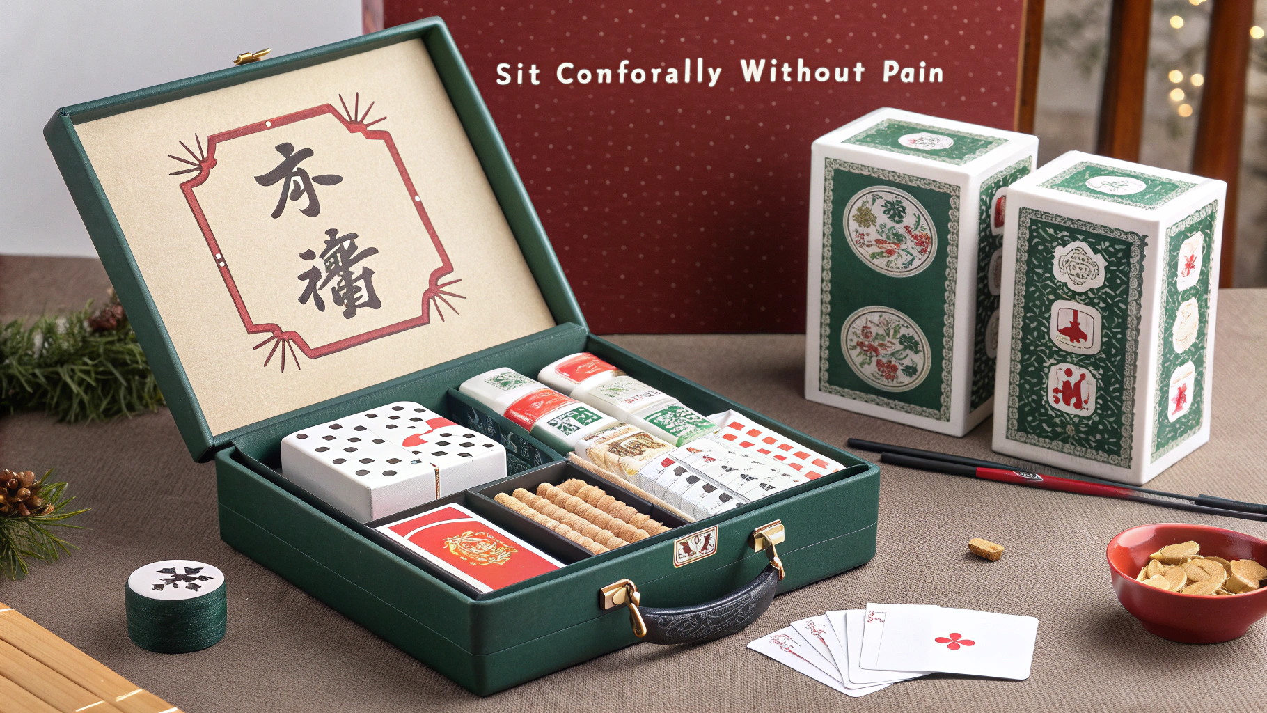 AI generated image by Red Panda AI: 一张新年礼盒桶的产品介绍海报，礼盒里有麻将，扑克和要真，礼盒标题久坐不疼