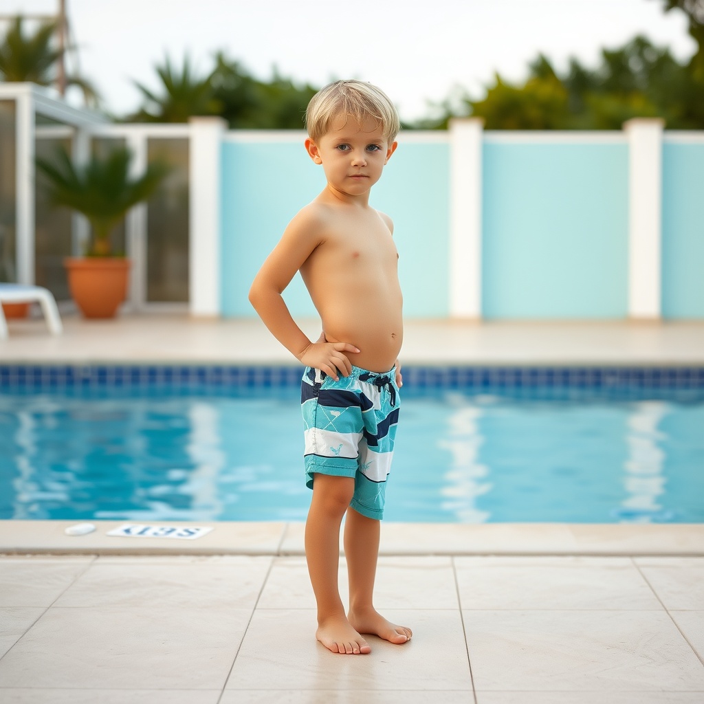AI generated image by FLUX.1-schnell: 10 year old blond boy barefoot in swimsuit standing next to swimming pool