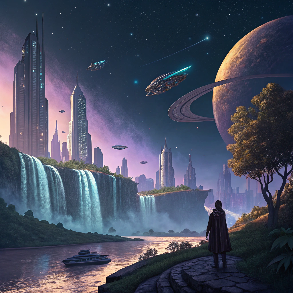 AI generated image by Red Panda AI: distant planet under a star-filled sky, with towering crystal skyscrapers that glow in radiant hues of blue, purple, and gold. Massive waterfalls cascade down from floating islands, creating a shimmering mist in the city below. A silver river winds through the landscape, reflecting the light of a giant ringed planet hanging low on the horizon. Flying ships with sleek designs zip between buildings, while lush green parks and alien flora add bursts of color to the futuristic metropolis. In the foreground, a figure in a flowing cloak, wielding a glowing staff, stands on a high balcony, gazing out over the city.