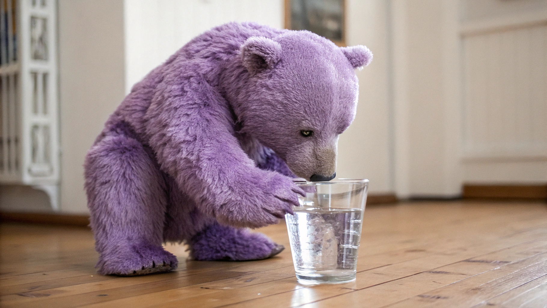 AI generated image by Red Panda AI: purple bear drinking from a glass of clean water