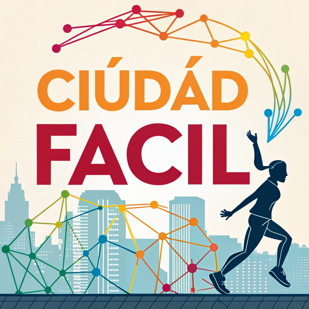 AI generated image by Red Panda AI: genera una imagen que diga Ciudad Fácil con una figura abstractra que una puntos de una ciudad con colores vibrantes