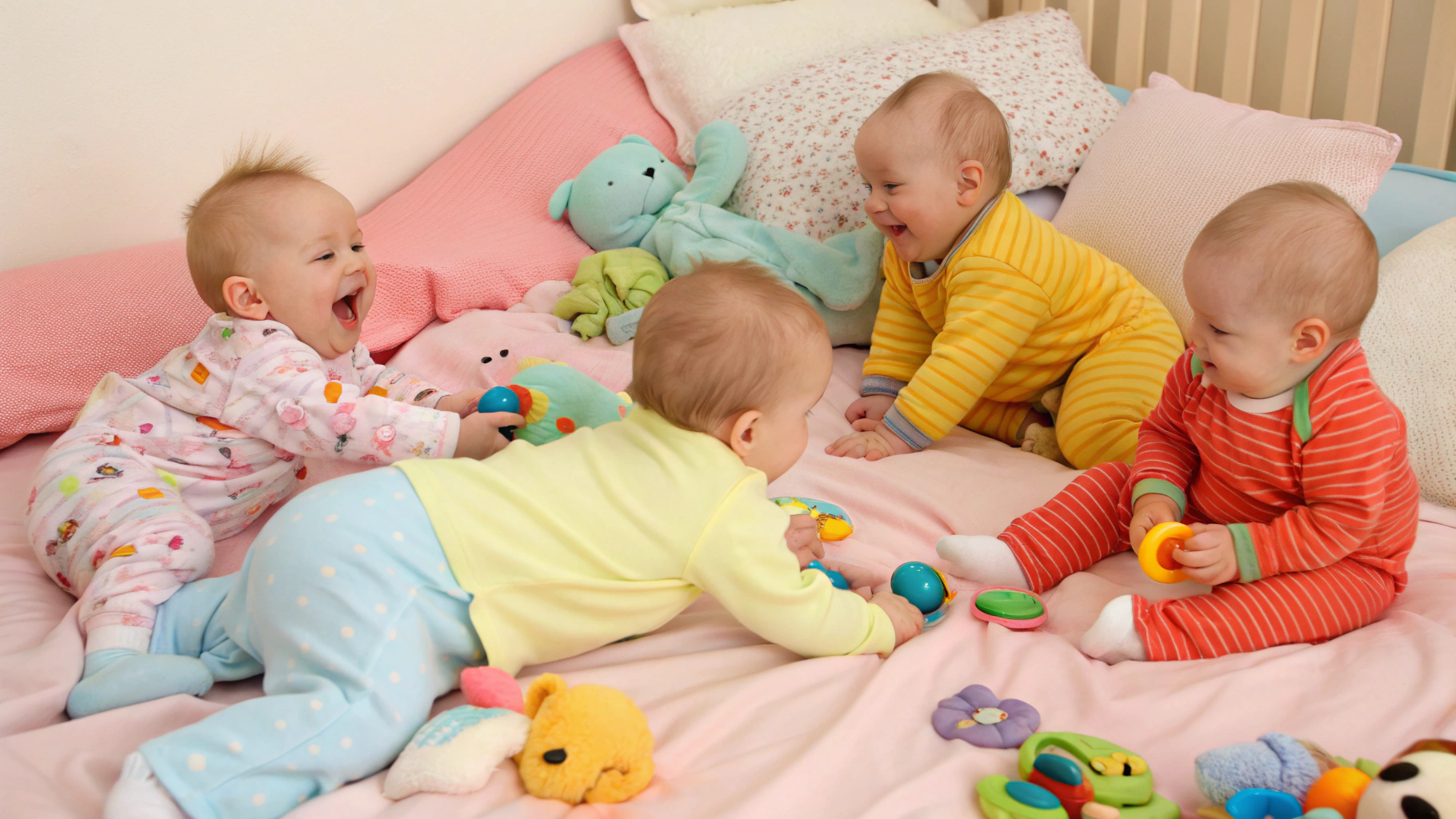 AI generated image by Red Panda AI: eight babies less one years old playing on a bed