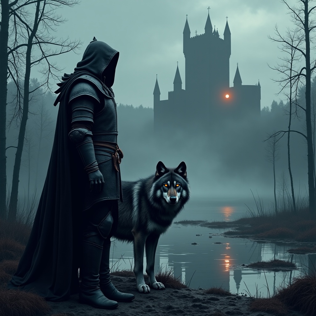 AI generated image by FLUX.1:  Use vivid colors and enhance the image with grain. The style should be reminiscent of an older video game. "A dark, weathered knight clad in battle-worn blackened armor stands solemnly in an eerie marshland at dusk. His cloak, tattered and damp, billows in the cold, whispering wind. Beside him, a massive wolf with piercing amber eyes and a coat streaked with silver and shadow stands alert—fierce yet devoted, exuding loyalty and raw power. In the misty distance, a towering, ancient castle looms, half-shrouded in fog, its jagged spires silhouetted against a brooding overcast sky. The murky marsh reflects twisted trees and glimmers of fading light, casting an otherworldly glow across the hauntingly beautiful landscape."