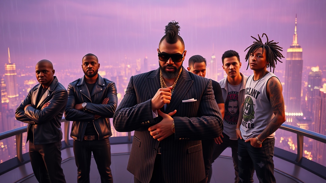 AI generated image by FLUX.1-schnell: A high-resolution, hyper-realistic wide cinematic shot of an Afropunk musical supergroup standing on a rain-slicked skyscraper helipad at dusk. The art style is a blend of Grand Theft Auto 6 loading screen art and high-fashion editorial photography. The background is a futuristic city skyline glowing with purple and gold neon lights.
In the center, a husky African American man with a cocky expression adjusts his cufflinks; he wears a tailored dark pinstripe suit, heavy gold chain, Ray-Ban sunglasses, has a salt-and-pepper goatee and a curly frohawk.
To his left, a dark-skinned man with a bald head stands stoic with arms crossed, wearing a black leather biker jacket and sunglasses.
Next to him, a light-skinned man with freckles and bleached-tip dreadlocks leans forward intensely, wearing a vintage punk band t-shirt and neck tattoos.
To the right of the center figure, a man with a fresh box fade haircut wears a designer bomber jacket and holds drumsticks, looking sharp and intelligent.
On the far right, a man with wild colorful braids crouches dynamically holding an electric guitar, laughing, wearing a patchwork denim jacket.
Volumetric golden hour lighting hits them from the side, creating rim light. 8k resolution, masterpiece, sharp focus, wet texture details.