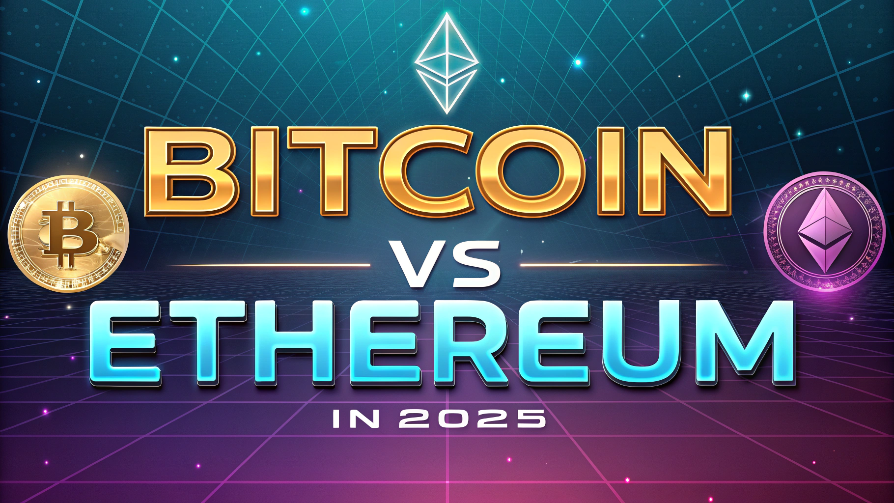 AI generated image by Red Panda AI: Futuristic banner for a blogpost, with fintech sci-fi theme multicolor and fintech background with bitcoin, ethereum element in  financial article style. Big title "Bitcoin vs Ethereum" and small title "in 2025"