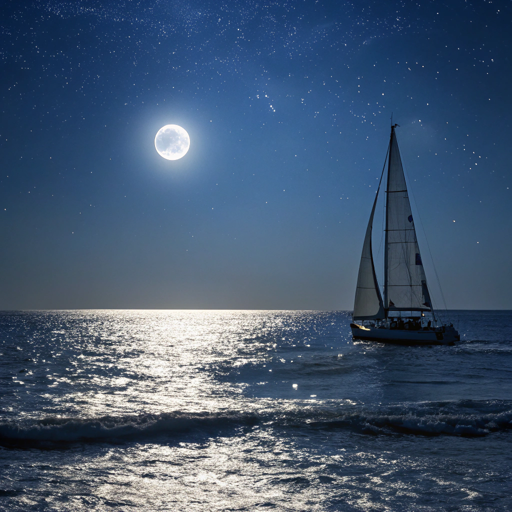 AI generated image by Red Panda AI: A landscape view of an imoca sailboat o no the ocean at night with moon. 