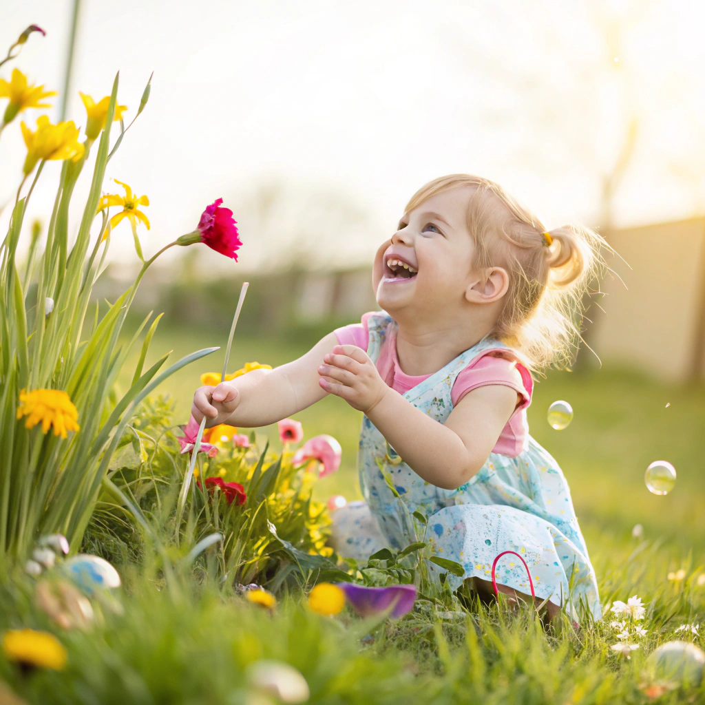 AI generated image by Red Panda AI: An image of a joyful young girl playing outdoors, surrounded by colorful flowers and green grass, with a soft and sunny backdrop, symbolizing innocence and curiosity."