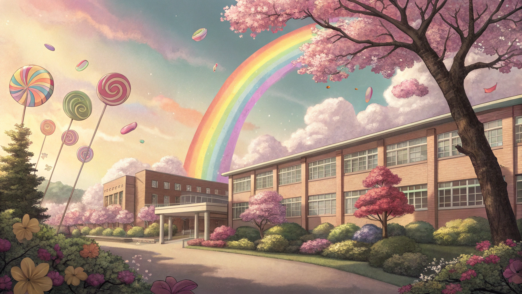 AI generated image by Red Panda AI:  arcoíris gigante que sale del tejado del colegio y llega hasta las nubes. T árboles con caramelos colgando  y flores que cantaban.