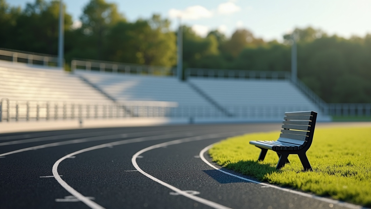 AI generated image by FLUX.1-pro: A realistic photograph of a simple modern metal bench with a running track in the background. The bench should take up the lower right corner of the composition, and sit off to the side of the track in short grass, gravel or another unobtrusive outdoor surface. The track and scenery takes up the upper left two thirds of the composition. The track itself should take up as much of the background and width of the image as possible while still looking realistic in perspective. The running track is made of black rubber turf with white stripes, and the curved part of the track is what is visible to the camera. There should be no bleachers or buildings visible in the entire photograph, just track and landscape. The photo should include sky and trees off in the far distance with lens blur, while the box and the bench should be in full focus. 