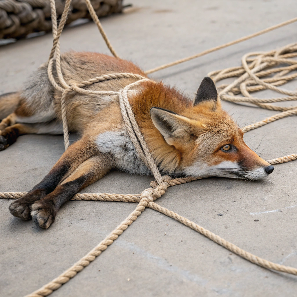 AI generated image by Red Panda AI: A fox tied up with ropes with shibari knots
