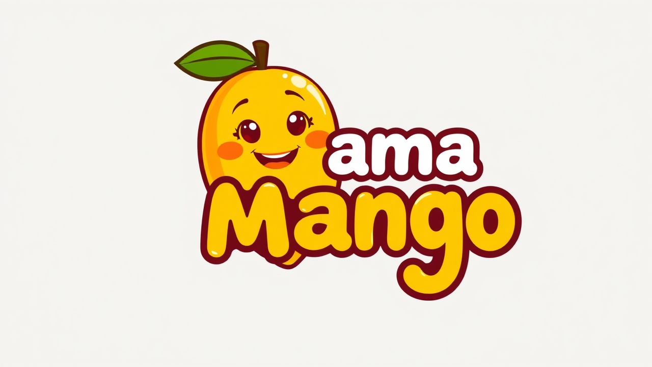 AI generated image by FLUX.1-schnell: vibrant and playful logo for 'Mama Mango' featuring a friendly,cartoon-style mango character with big smile warm eyes
