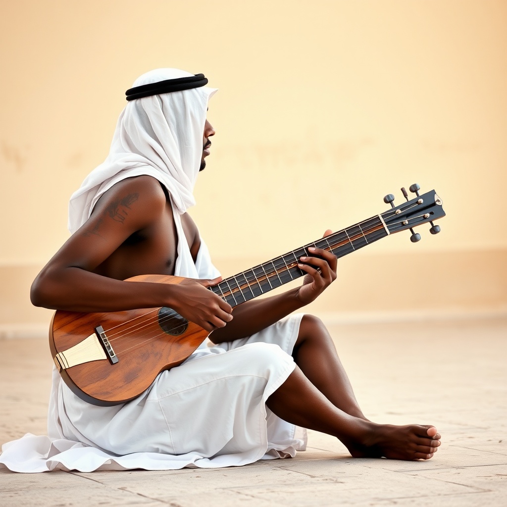 AI generated image by FLUX.1-schnell: Side shot showing the right side of a young Saudi man wearing only a white robe, dark skinned, tall and thin, sitting cross-legged on the ground and playing the oud