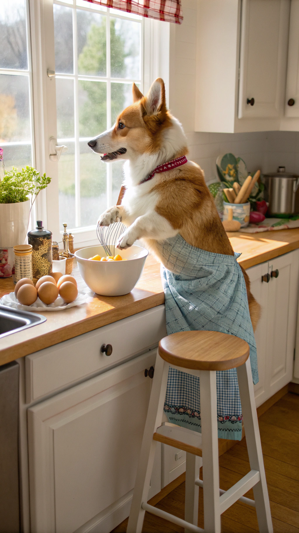 AI generated image by Red Panda AI: anthropomorphic corgi standing on a stool wearing an apron whisking raw eggs in a bowl in an American suburban kitchen counter during the daytime. 