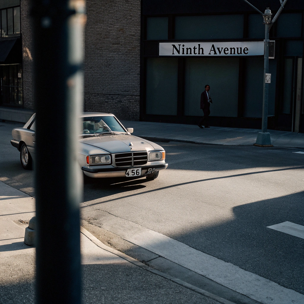 AI generated image by Red Panda AI: On a sunny day, a Mercedes with a license plate number "456 123" was parked at the intersection. There was a sign next to the intersection saying that this was Ninth Avenue.