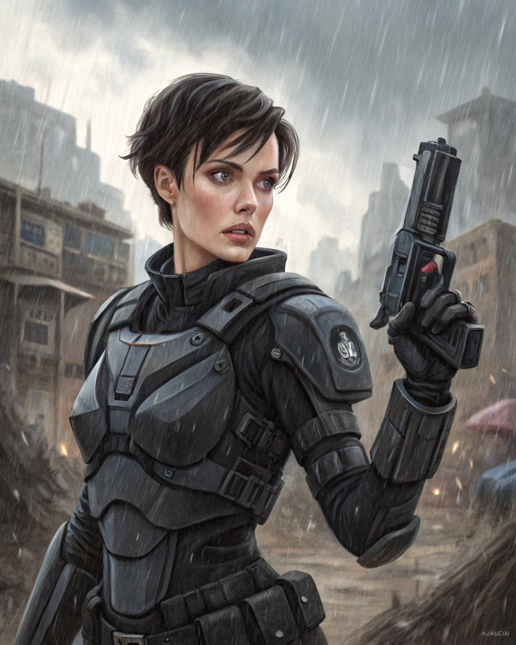 AI generated image by FLUX.1-schnell: Create a flat watercolor wash painting, cover art magazine full body illustration of a buxom (Angelina Jolie:1.5), short black modern hairstyles, (focusing on her likeness and eye's expression:1.3). Wearing futuristic military black stealth Mecha exo armor, fully mechanical arm's holding a handgun, dynamic handgun pose, overcast heavy rain City ruins background, intense realism artistry