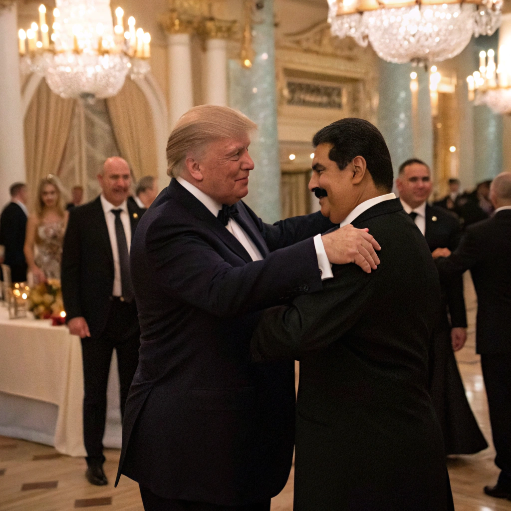 AI generated image by Red Panda AI: en una cena de gala y de mucho glamour el presidente de los estados unidos donald trump baila un vals con Vladimir putin junto a otros presidentes como daniel ortega y maduro