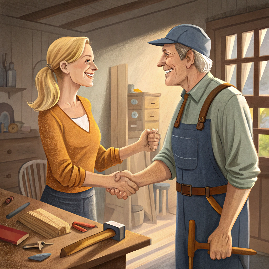AI generated image by Red Panda AI: satisfied client with the works of a middle-aged craftsman who successfully repaired something. The client is a modern woman with blond hair. They are shaking hands