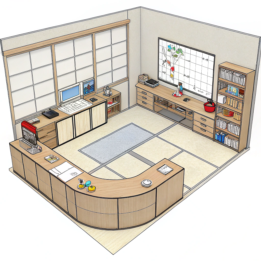 AI generated image by Red Panda AI: plano sobre un aula de apoyo a la integración situando a la derecha una mesa curva del docente con una pizarra digital; a la izquierda una pequeña zona de tatami y unas estanterias: al fondo unos armarios 