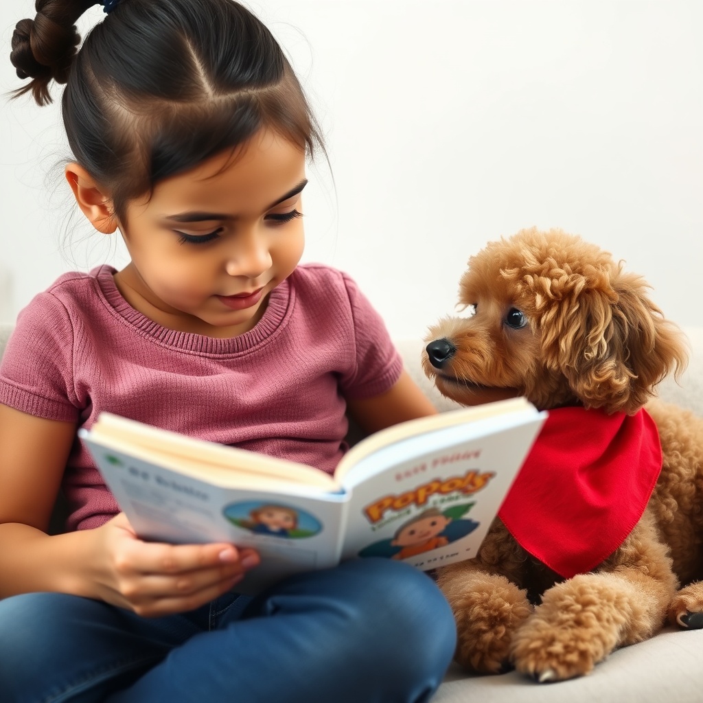 AI generated image by FLUX.1-schnell: A photo of a child reading a book to a dog. The girl is 8 of 9 years old and the dog is a small poodle wearing a red triangle towel around its
neck. The dog is lying relaxed beside the child, and the child feels very comfortable.