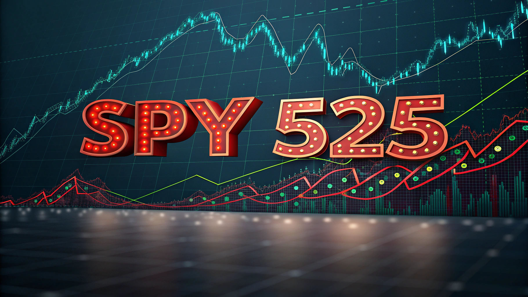 AI generated image by Red Panda AI: "SPY 525", the TEXT "SPY 525" as glorious, magical, fantastic, fantasy, bold, strong, fractal, futuristic, high definition, 8k, stock market, stock charts moving up in the background
