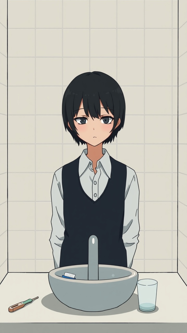 AI generated image by FLUX.1-schnell: Omocat's omori game artstyle, The image depicts a young person standing behind a bathroom sink facing the viewer, their expression somber. Their dark hair is neatly styled, and they are dressed in a white shirt with a dark vest. The tiled walls behind them are plain and featureless, creating a sense of isolation. The sink faces the subject. The only other elements in the scene are a toothbrush and a glass on the counter, suggesting a routine that the individual may find difficult to engage in. The overall mood of the image is melancholic, hinting at a sense of loneliness or sadness. The subdued colors and minimalist composition further contribute to the somber atmosphere.  The image leaves room for interpretation, inviting viewers to consider the inner thoughts and feelings of the subject.