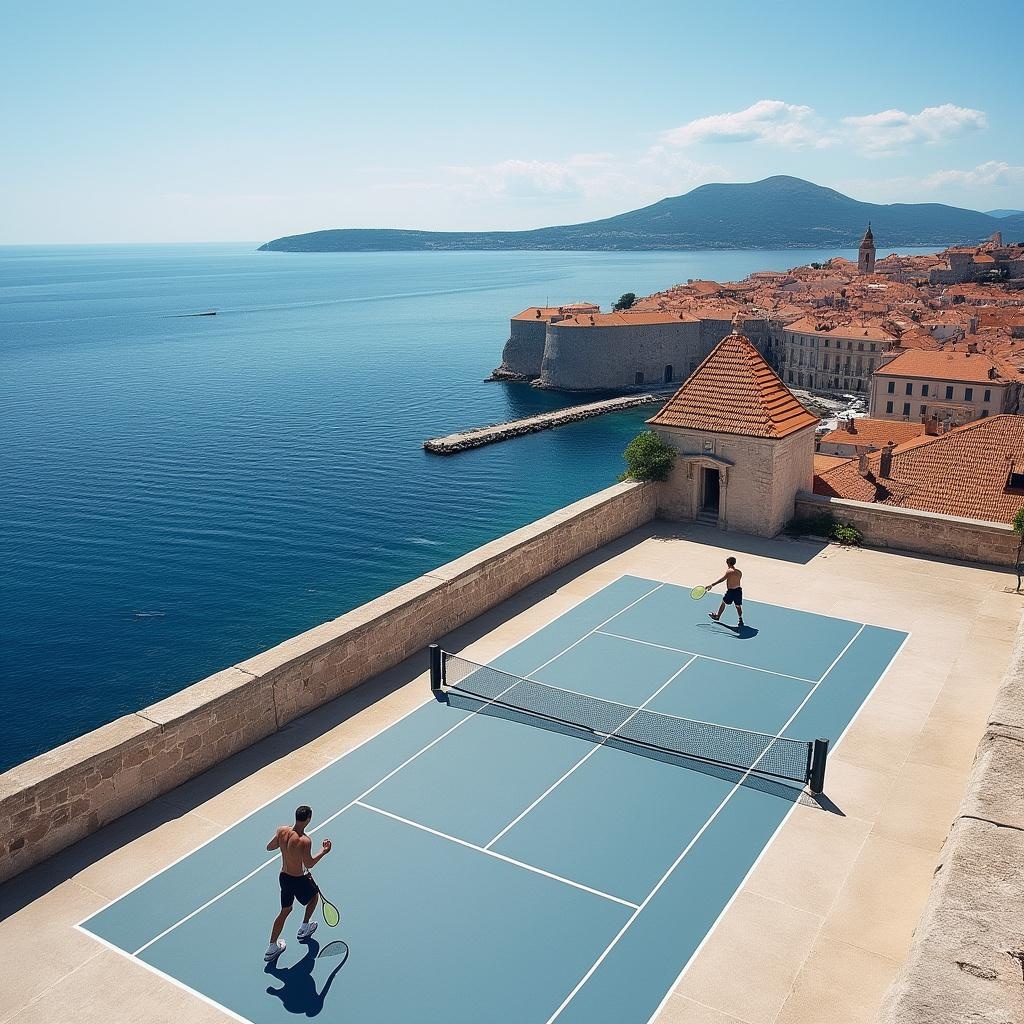 AI generated image by FLUX.1-pro: 2 men playing tennis on a tennis court. No one present except them. One on one side of the court, the other on the other side of the court.
Location: The wide, flat top of the Fort Lovrijenac (St. Lawrence Fortress) or a key viewpoint on the Walls of Dubrovnik, Croatia.
The View: On one side, the terracotta-roofed Dubrovnik Old Town—a UNESCO World Heritage site—would be visible. On the other, the brilliant blue of the Adriatic Sea would stretch to the horizon, providing a perfect Mediterranean light for the match.