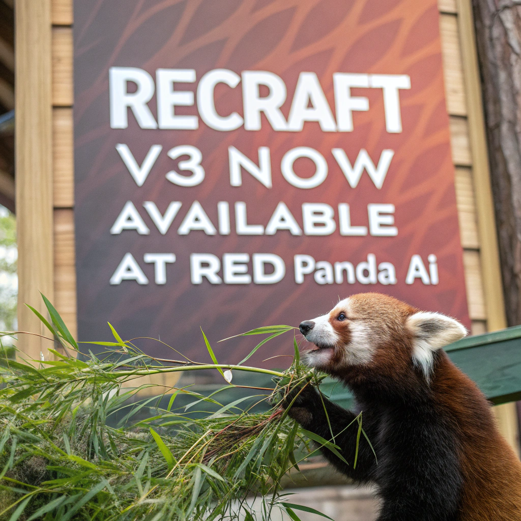 AI generated image by Red Panda AI: a red panda eating a bamboo in front of a poster that says "recraft V3 now available at red panda ai