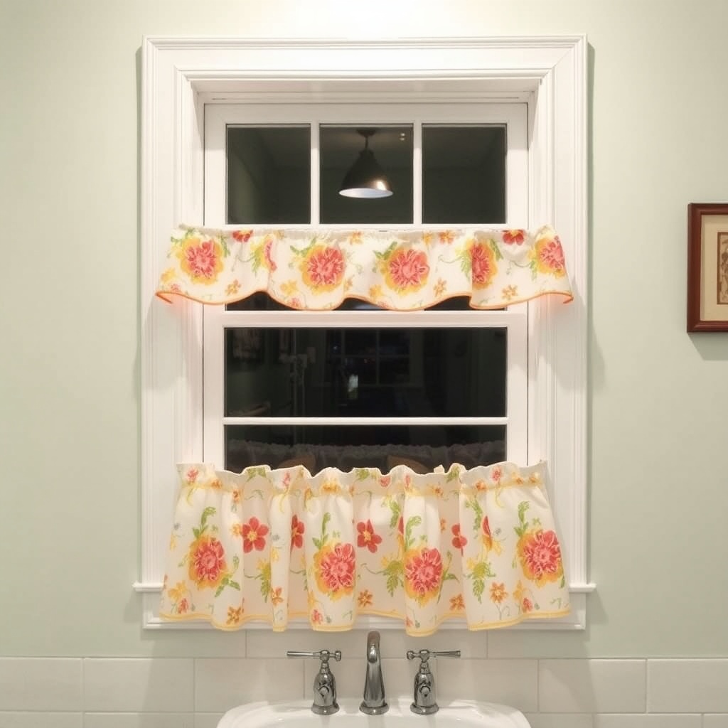 AI generated image by FLUX.1-schnell: a bathroom window with cheery cafe curtains covering only the lower half of the window
