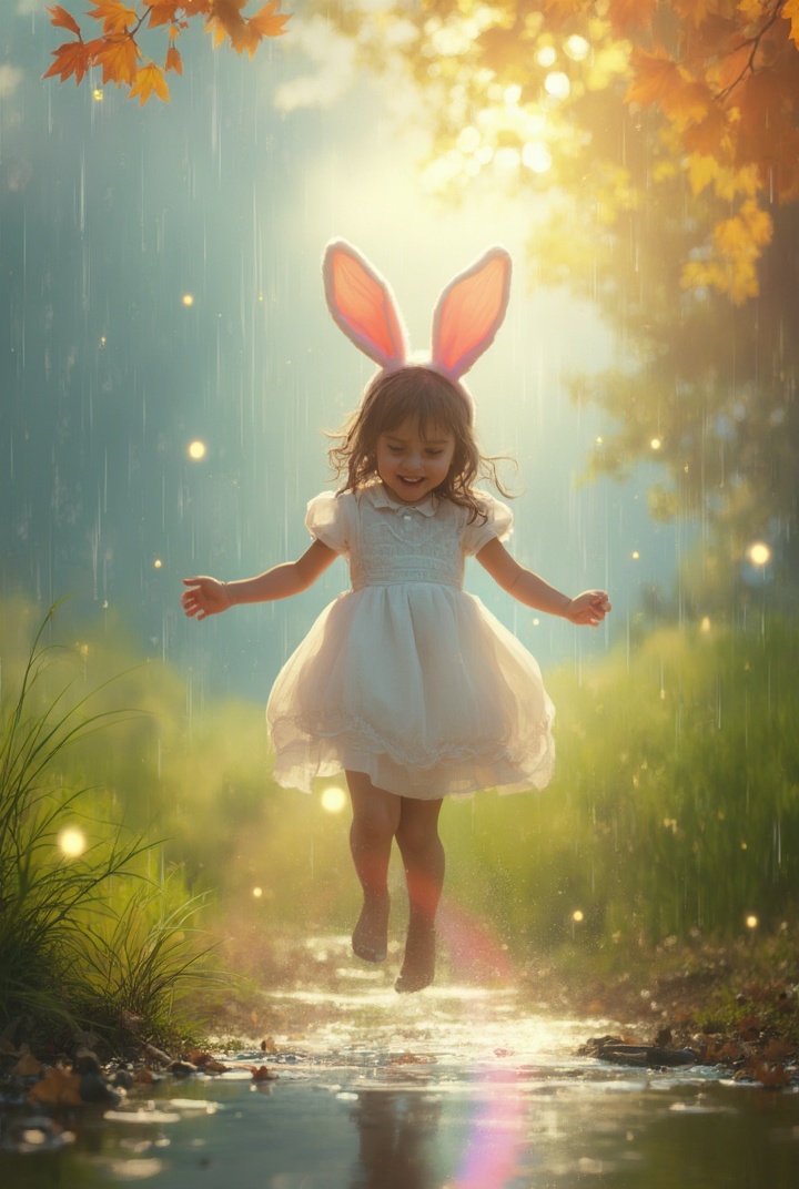 AI generated image by FLUX-Realism-Lora: A young girl with pastel pink bunny ears, wearing a short puffed Victorian-style white dress, joyfully playing in gentle November rain. She jumps in a small puddle reflecting a rainbow, surrounded by lush green fields, autumn leaves, and glowing fireflies. Raindrops sparkle like crystals, with golden sunlight breaking through gray-blue clouds, creating a magical and whimsical atmosphere