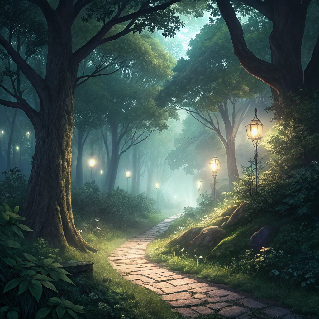 AI generated image by Red Panda AI: Crea una imagen de estilo anime de un camino mágico en un bosque encantado, iluminado por luces brillantes y rodeado de árboles antiguos y frondosos. El camino serpentea en la distancia, invitando a la aventura y al misterio. La atmósfera es etérea y mística, con una ligera niebla que agrega un toque de fantasía al paisaje.
