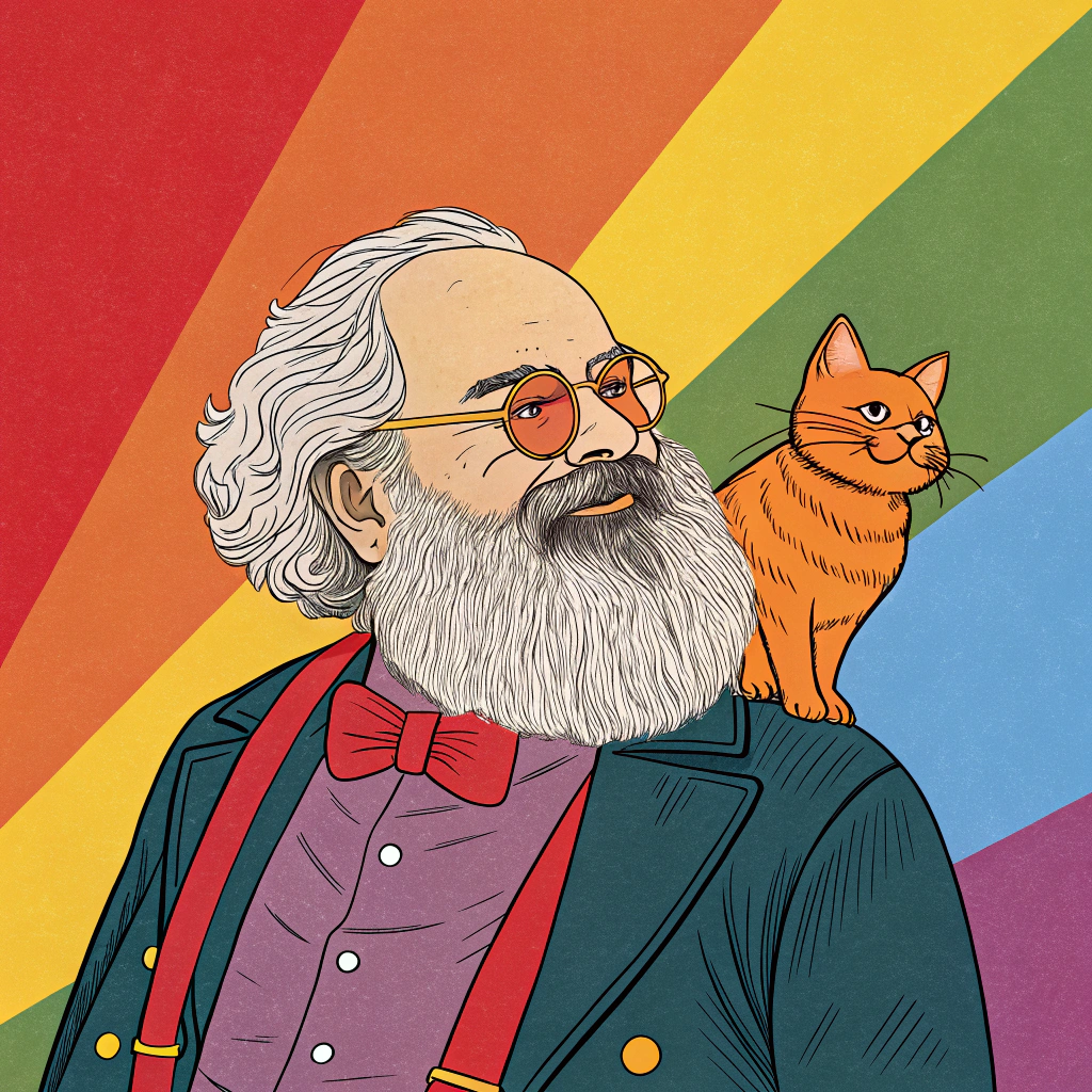 AI generated image by Red Panda AI: Genera imagen of Karl Marx en un estilo queer y acompañado de un gato naranja