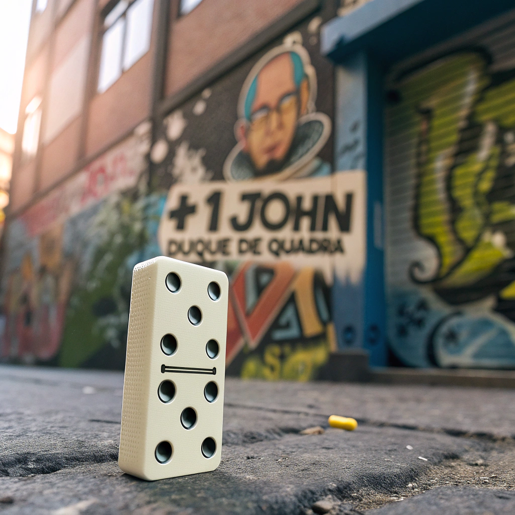 AI generated image by Red Panda AI: Crie uma imagem de uma peça de dominó fundo desfocado com elementos do hip hop music, arte em grafite com texto "+1John" e "Duque de Quadra" na parede
