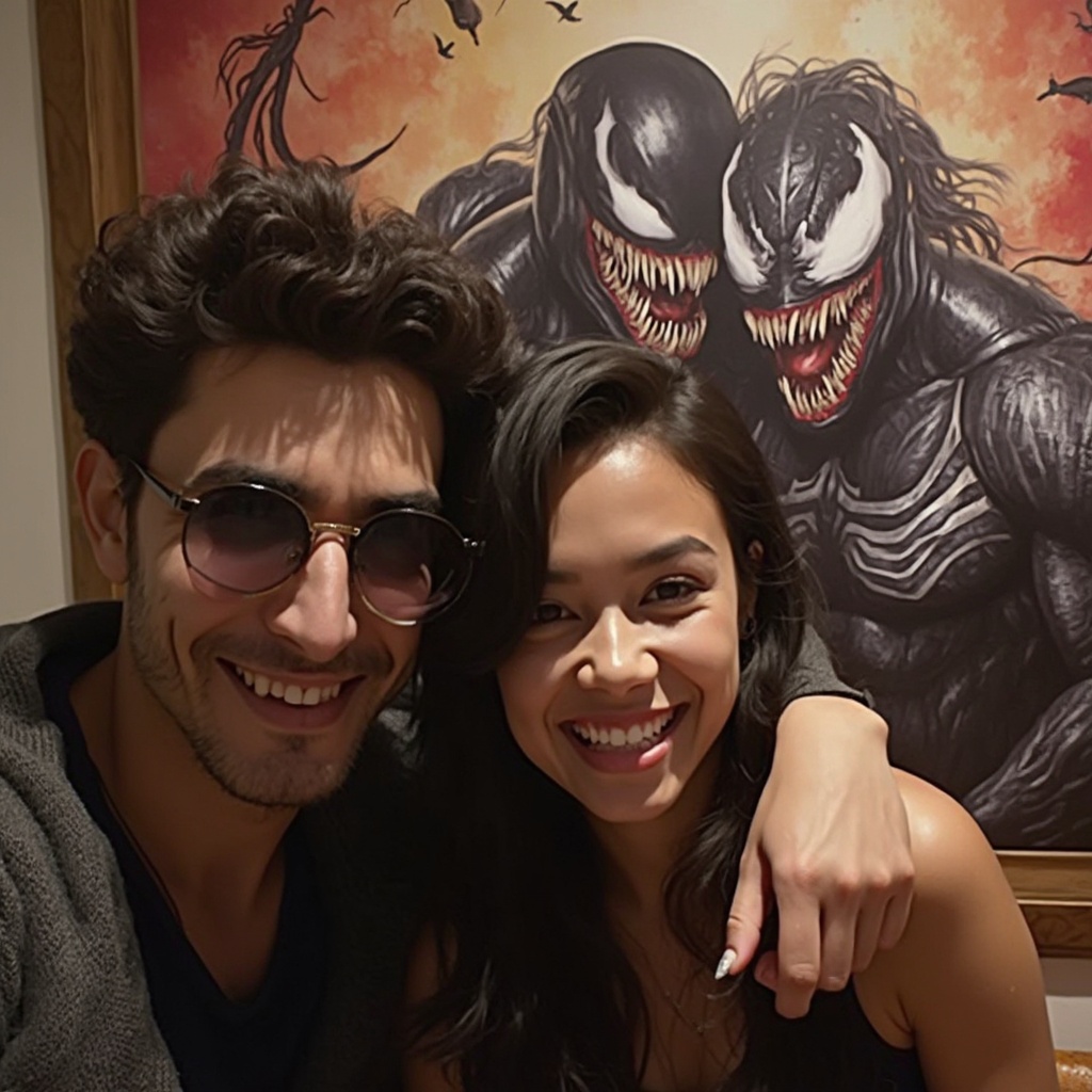 AI generated image by FLUX-Realism-Lora: IMG_1024.HEIC beauty Malay in cinema  selfie with his friendship in Venom poster behind them