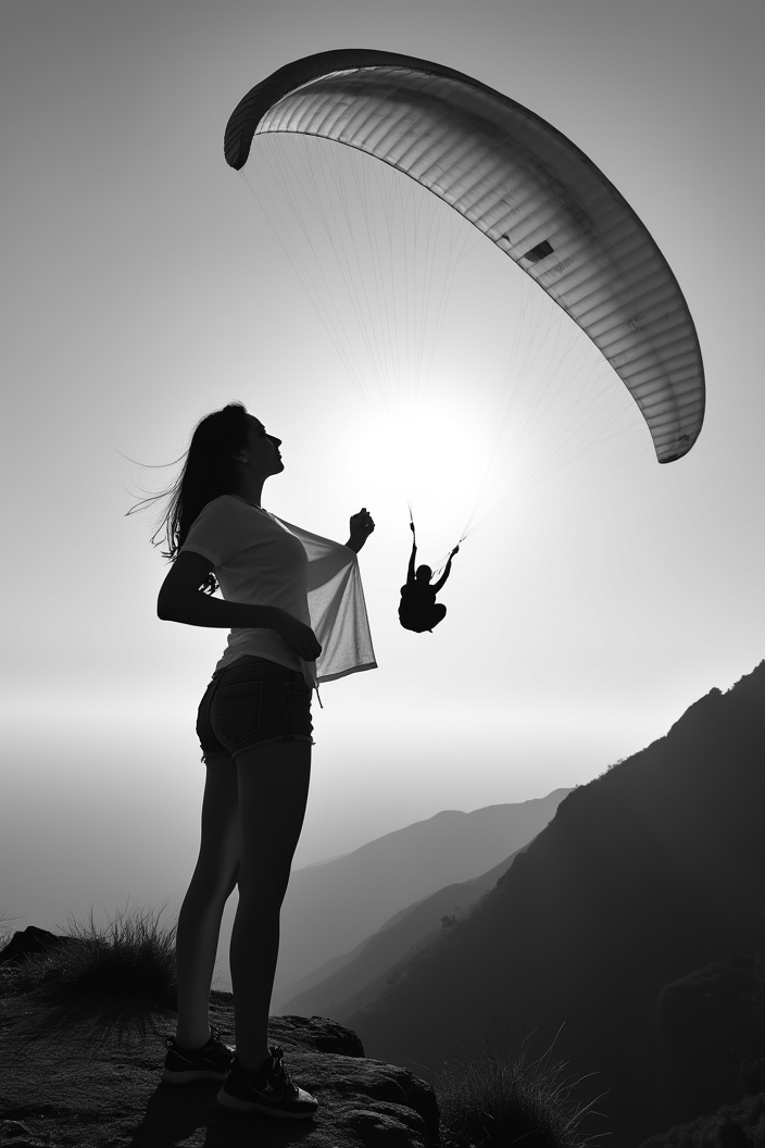 AI generated image by FLUX.1-pro: Black and white photo of a young woman silhouette standing on the cliff lifted her shirt to show her breasts to a paraglider flying overhead. Sky background. Backlight 