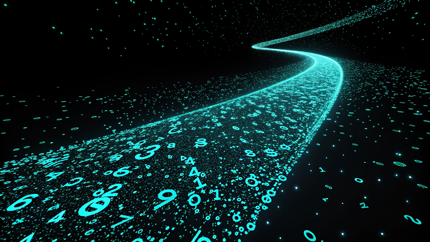 AI generated image by Red Panda AI: a swooshing trail made from thousands of turquoise numbers and formulas. it starts on the right side of the picture from a point and then grows larger and fades out towards the left side of the image. on a black background. like a png with black only background.