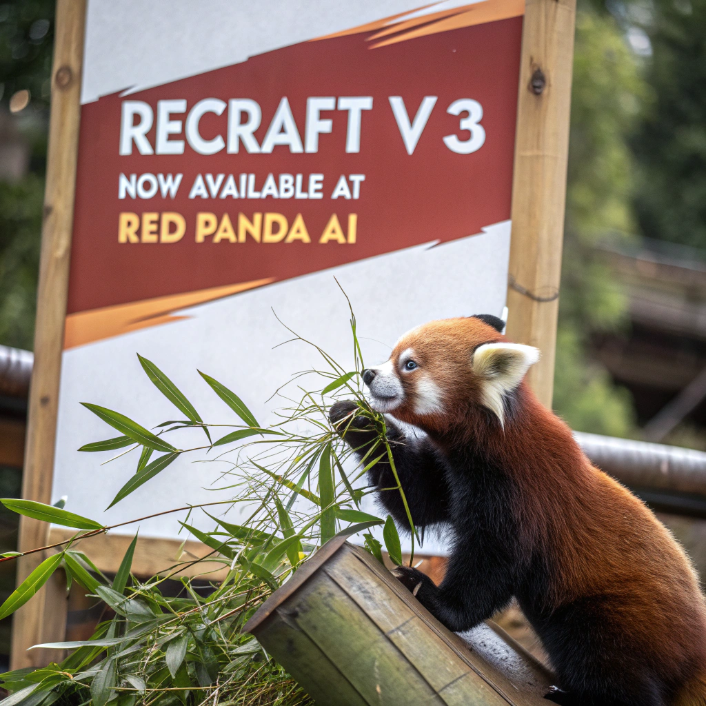 AI generated image by Red Panda AI: a red panda eating a bamboo in front of a poster that says "recraft V3 now available at red panda ai
