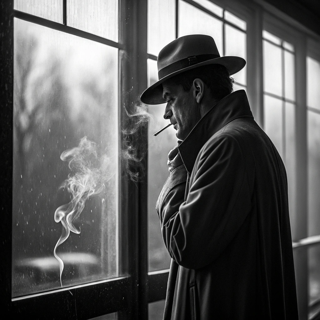 AI generated image by Red Panda AI: A detective in a classic noir style, viewed from the side in profile. The detective is smoking a cigarette, with visible smoke rising in a dramatic swirl. The image is in black and white with minimal skin color. The overall mood is moody and mysterious, fitting the film noir aesthetic. The detective wears a traditional detective hat and a long coat, embodying a vintage detective vibe. The background is transparent to make the image stand out for a YouTube profile picture. The image should be highly detailed, rendered in 8K resolution.