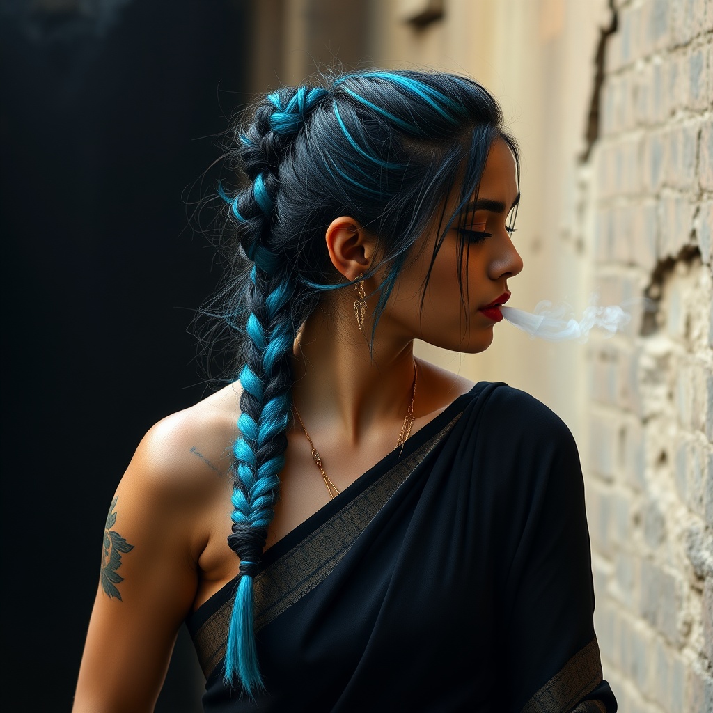 AI generated image by FLUX.1-schnell: Smoking indian women with cyan messy ponytail with some braids in slevelss black saree with tatoo on her shoulder i am hot