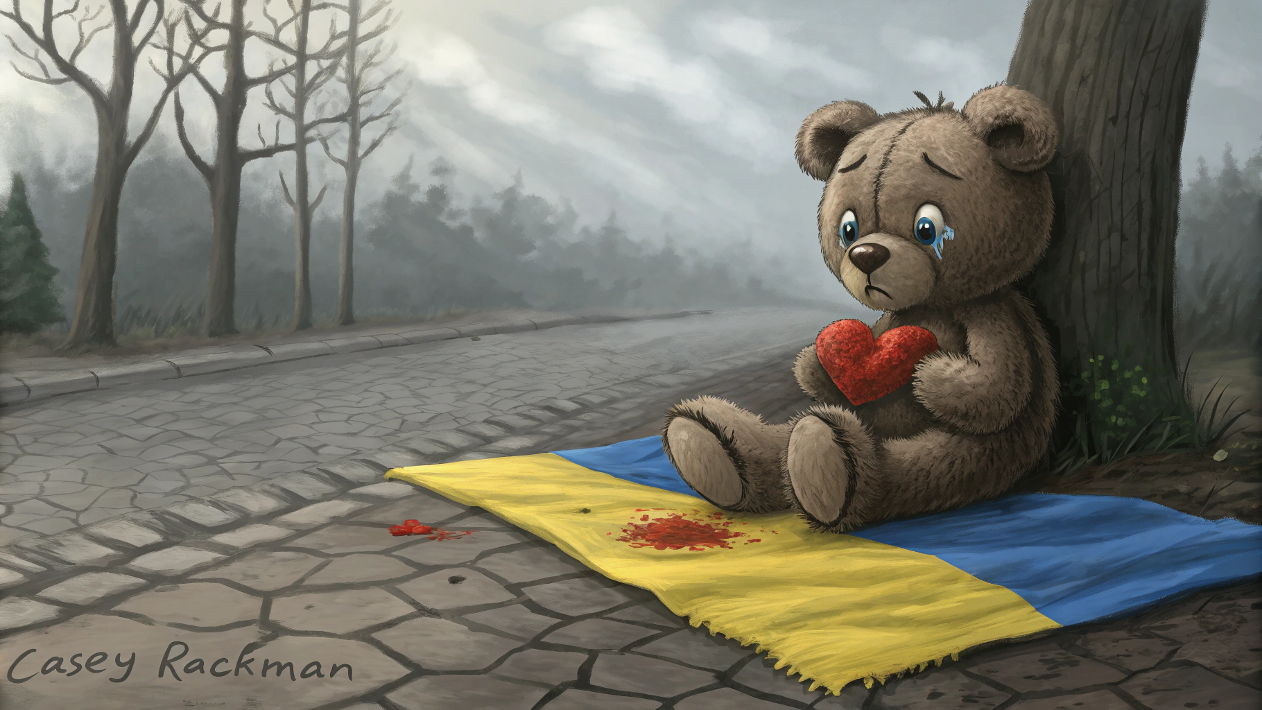 AI generated image by Red Panda AI: Stunning hyperrealistic painting by Casey Rackman .  A deeply emotional and evocative illustration of an abandoned teddy bear. The bear sits sadly on a Ukrainian flag on a cracked cobblestone path, his small, frayed paws clinging to a shattered, scarlet heart. The bear's tearful eyes, reflecting the suffering he has experienced, hold a haunting gaze on a distant, melancholic landscape. The overall atmosphere of the painting is somber, but powerfully conveys the depth of the bear's sadness. The painting is hand signed by "Casey Rackman.", photo, illustration, 3D rendering, fashion, conceptual art