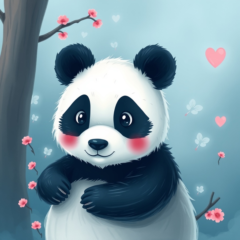 AI generated image by FLUX.1-schnell: un panda mignon qui annonce une bonne nouvelle avec un arrière plan rose et bleu marine