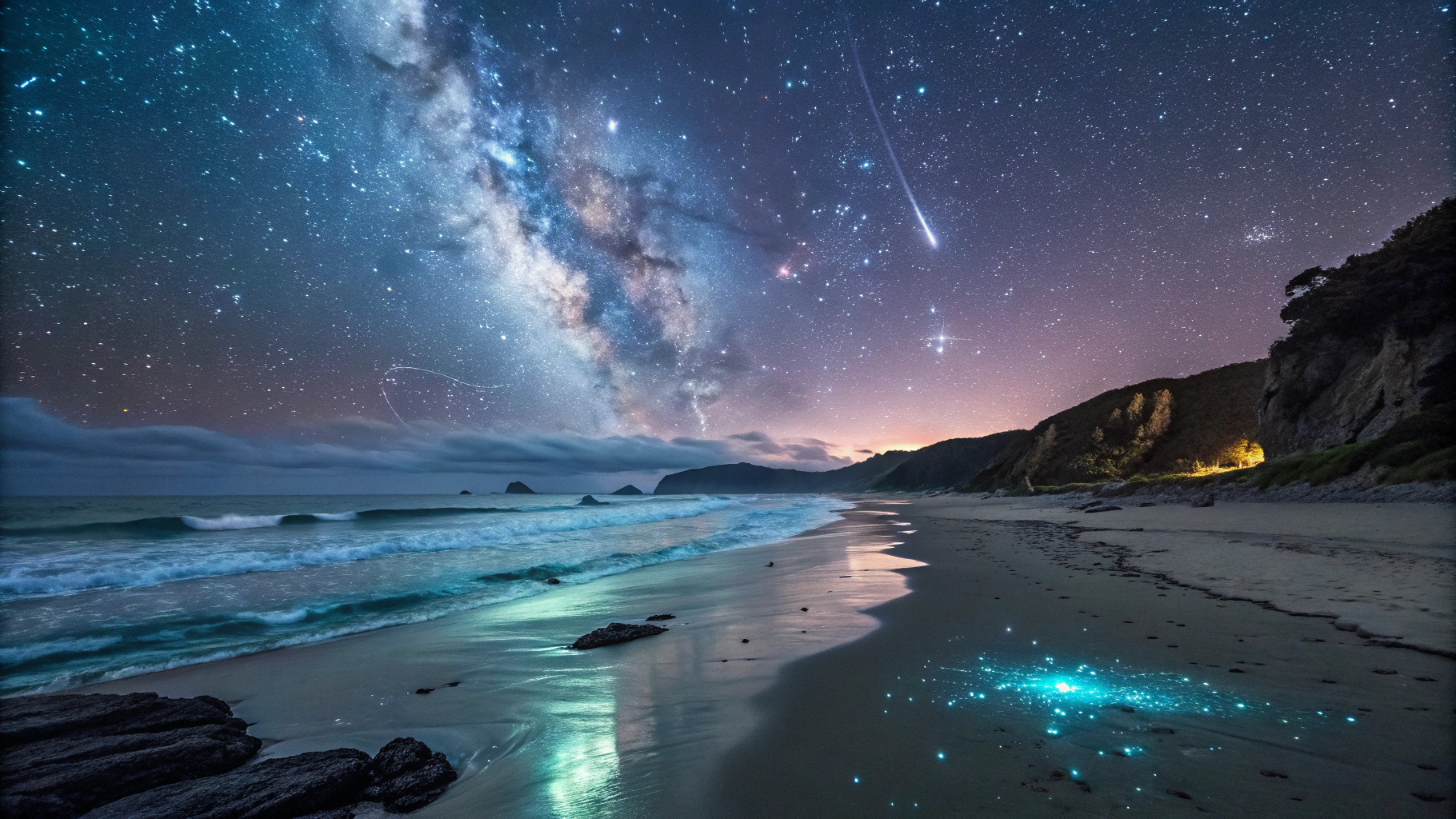 AI generated image by Red Panda AI: The starry sky shines on an otherworldly, alien beach, with iridescent, glowing sand and shallow, bioluminescent water in front of it, waves gently lapping at the shore. The Milky Way is visible above the sea level, creating an endless expanse under the night view, with swirling clouds of gas and dust, and a few streaks of shooting stars. The water's surface reflects the starry sky, with subtle ripples distorting the reflection, and scattered, ethereal lights from distant, abandoned structures adding a touch of mystery to the scene. Rocky, crystalline formations jut out of the water, covered in mist and strange, glowing seaweed, adding to the mystical ambiance. A deep, starry background highlights details, and high contrast makes everything more vivid, with the added complexity of twinkling stars and their reflections rippling on the water. Photorealistic, with an air of eerie, extraterrestrial silence.