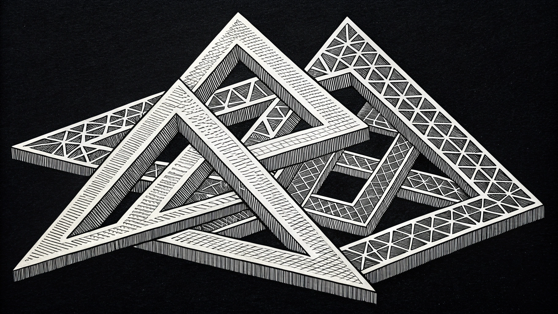 AI generated image by Red Panda AI: escher triangles with thin white lines on a black background