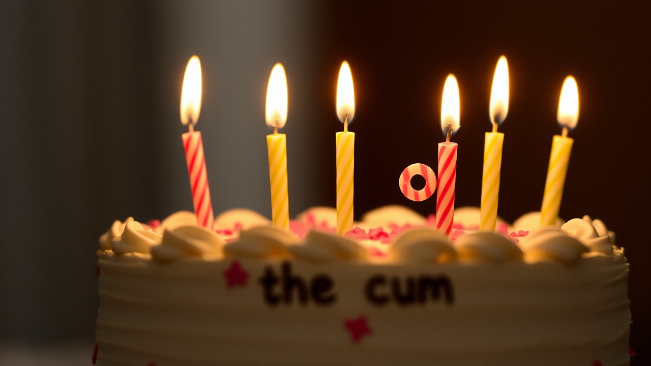 AI generated image by FLUX.1-schnell: Birthday cake with candles saying “thanks for the cum”