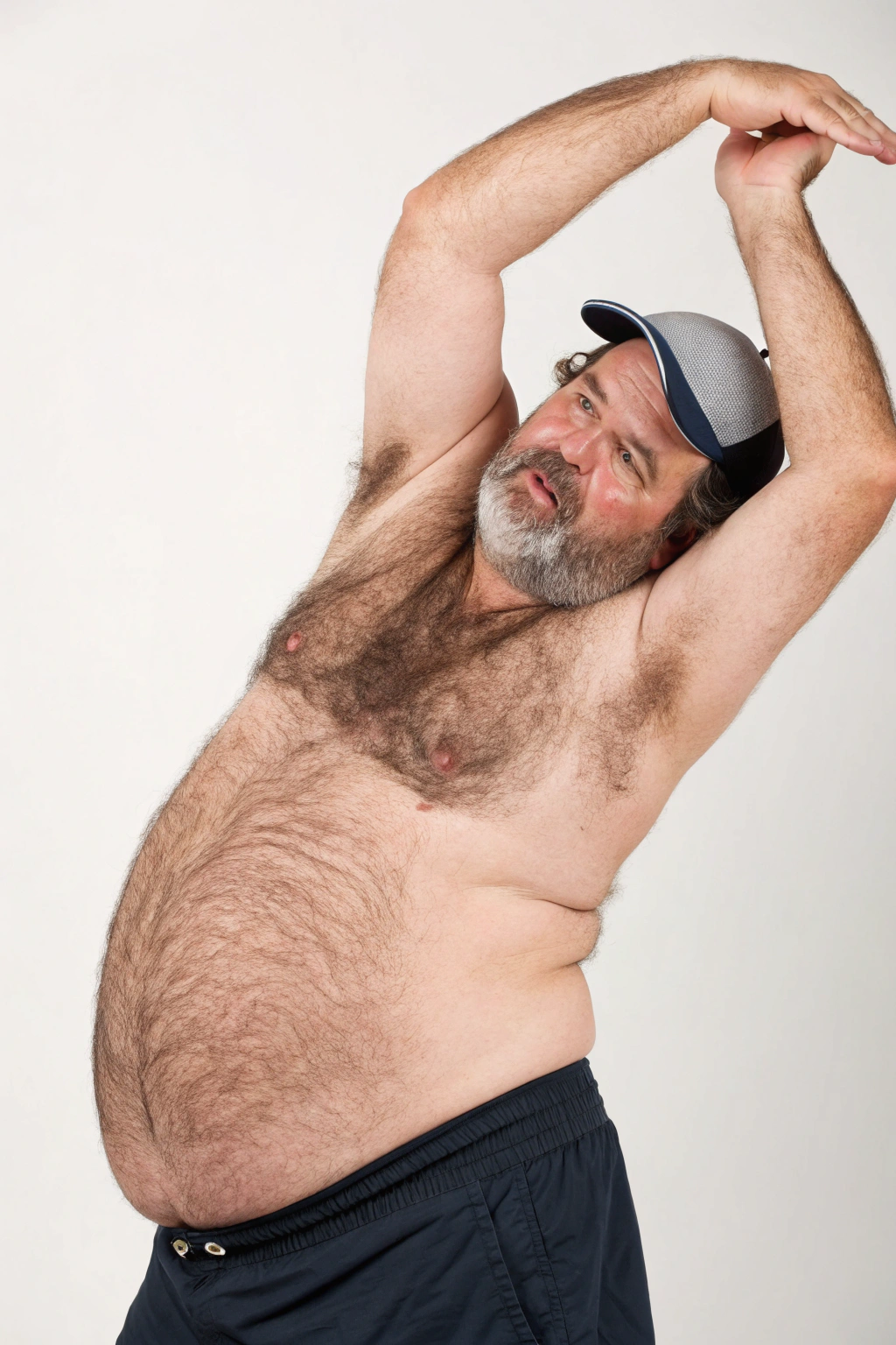 AI generated image by Red Panda AI: a studio photo of a slightly overweight 50 year old hirsute man stretching. Man has heavy amount of body hair, hairy chest pattern, expanding his bloated heavy bearded-belly, baseball cap, white goatee