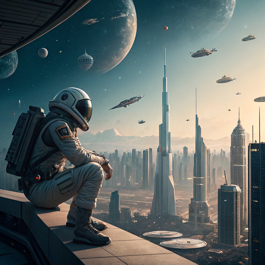 AI generated image by FLUX.1-schnell: Generate a highly detailed and ultra hd image of an astronaught sitting on a ledge, looking over the skyscrapers in space with lots of buildings, ships and otherworldly structures.