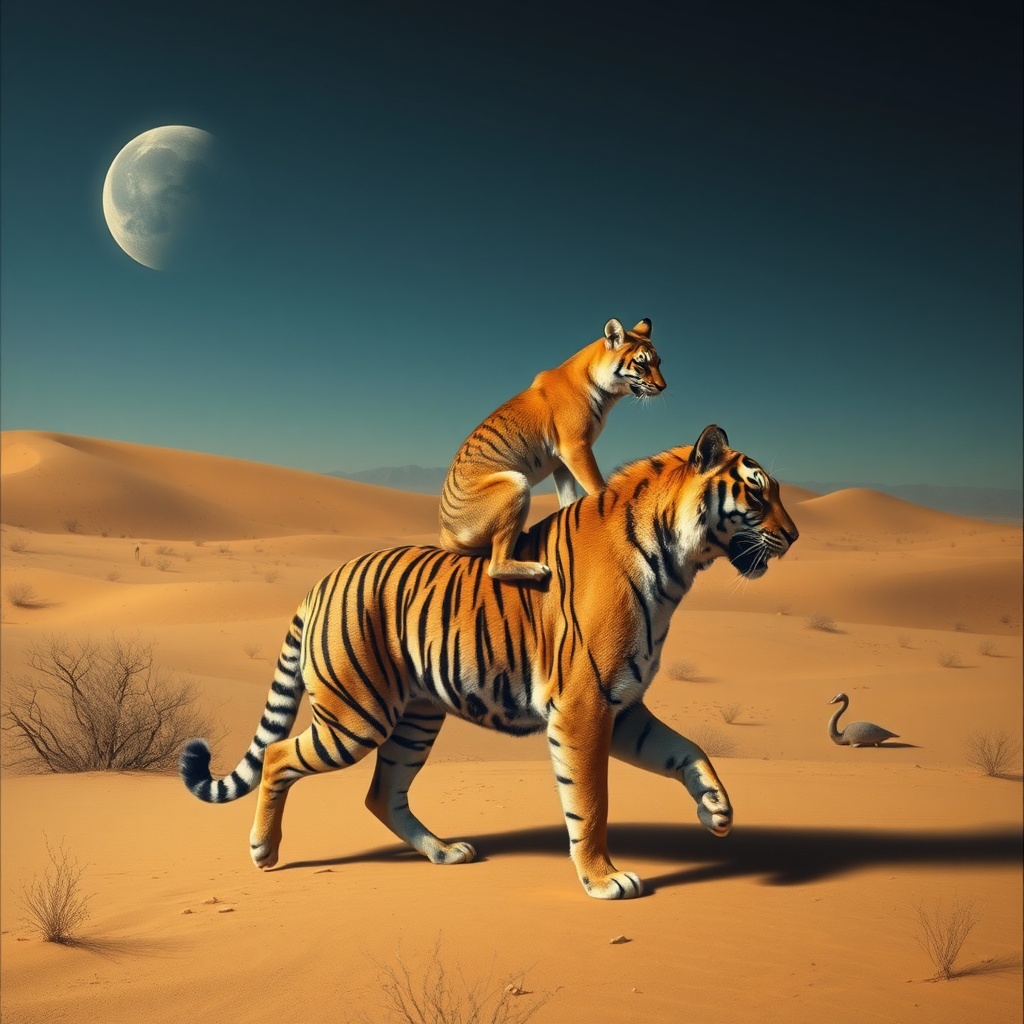 AI generated image by FLUX.1-schnell: In the desert, a fox rides on a tiger's back, surrealism