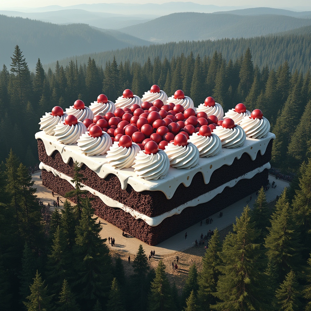 AI generated image by FLUX.1-pro: The world's largest black forest cake, the size of a building, surrounded by trees of the black forest