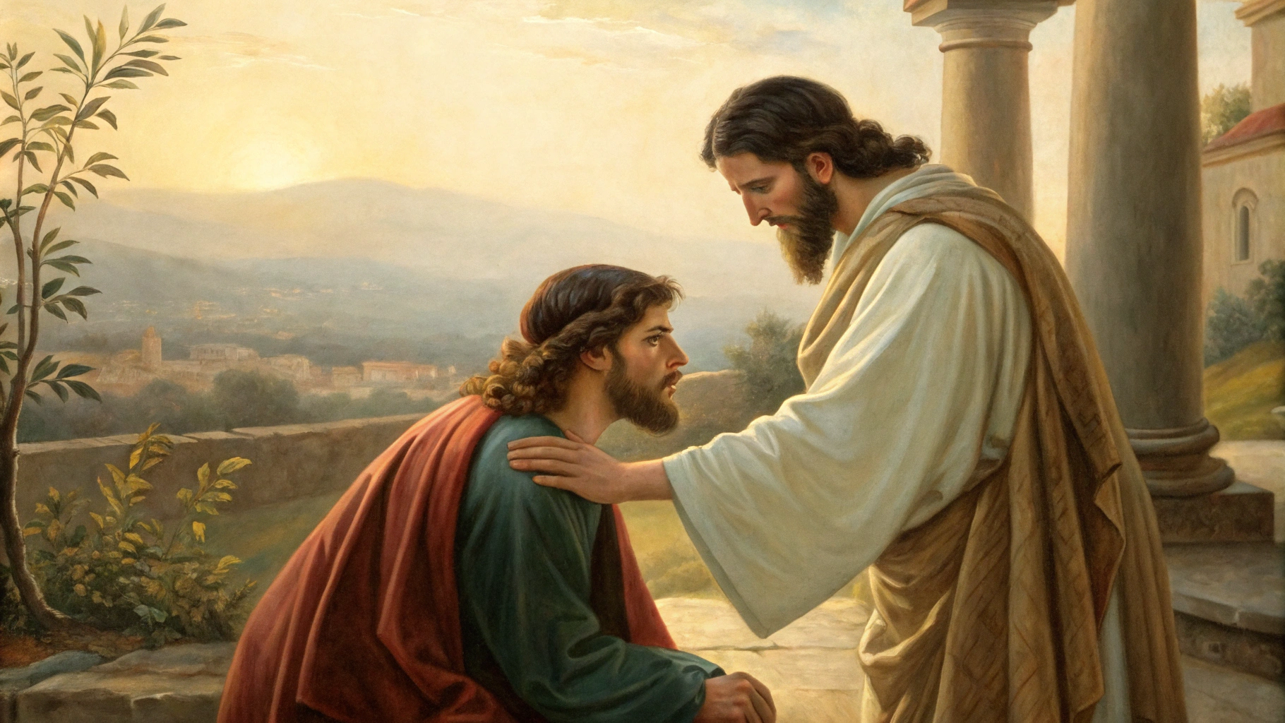 AI generated image by Red Panda AI: A Renaissance-inspired painting in oil. Rich pastel colors and blended brushstrokes bring out the classic Renaissance texture. with softened edges to create a painterly feel. without intense focus on small details, enhancing the look of a traditional painting, before Christ. one man forgiving another